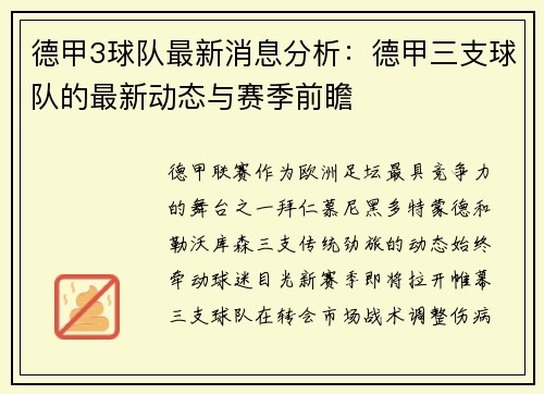 德甲3球队最新消息分析：德甲三支球队的最新动态与赛季前瞻